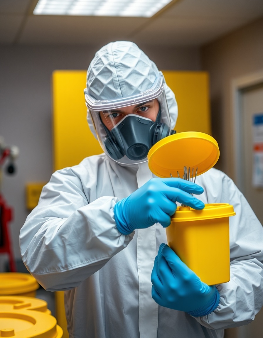 Professional drug paraphernalia cleaning specialist in full protective equipment safely handling sharps disposal container during needle removal service
