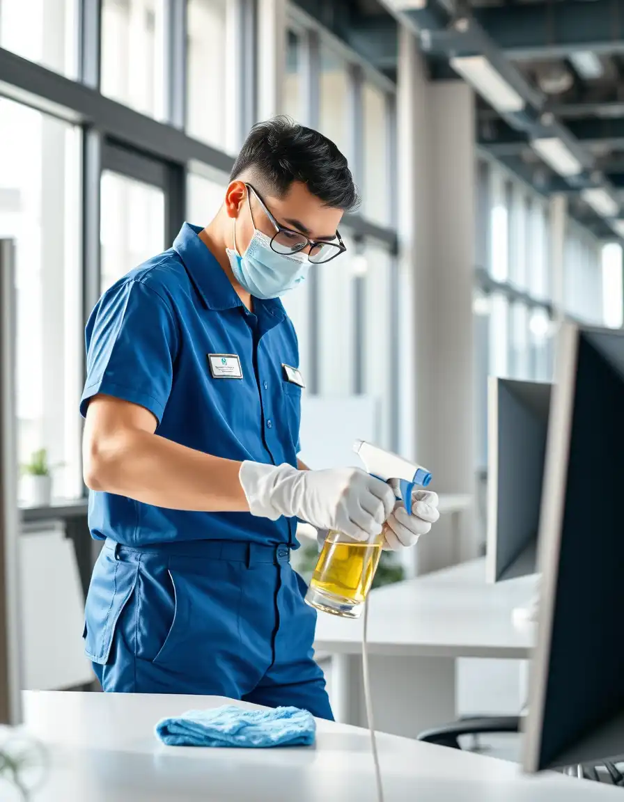 Certified professional cleaner in protective equipment disinfecting office workspace to ensure staff health and workplace hygiene