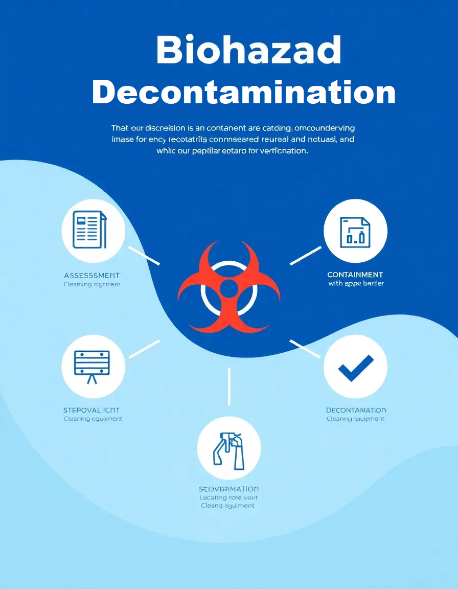 5-step biohazard decontamination process: assessment, containment, removal, decontamination, and verification by professional body fluids cleaning company