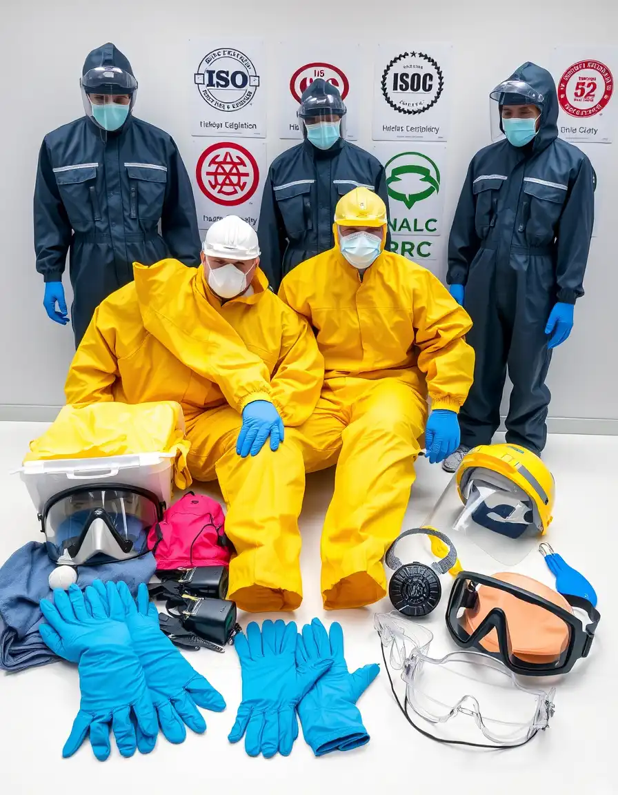 Body fluids cleaning company safety equipment and certifications including PPE suits, respirators, gloves, and industry compliance badges