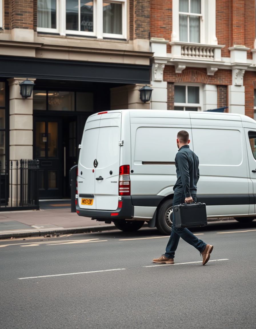 Discreet body fluids cleaning company technician with unmarked van providing confidential biohazard remediation service in London