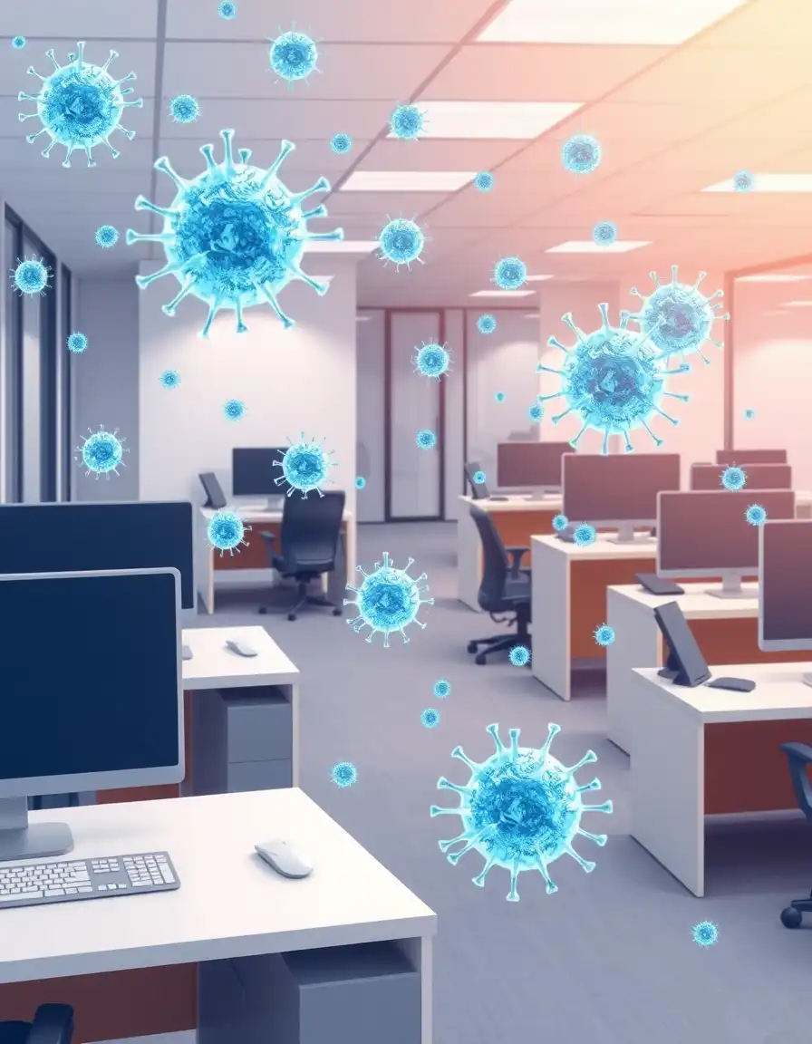 Medical illustration showing how germs and bacteria spread across office surfaces including desks, keyboards, and door handles without proper cleaning