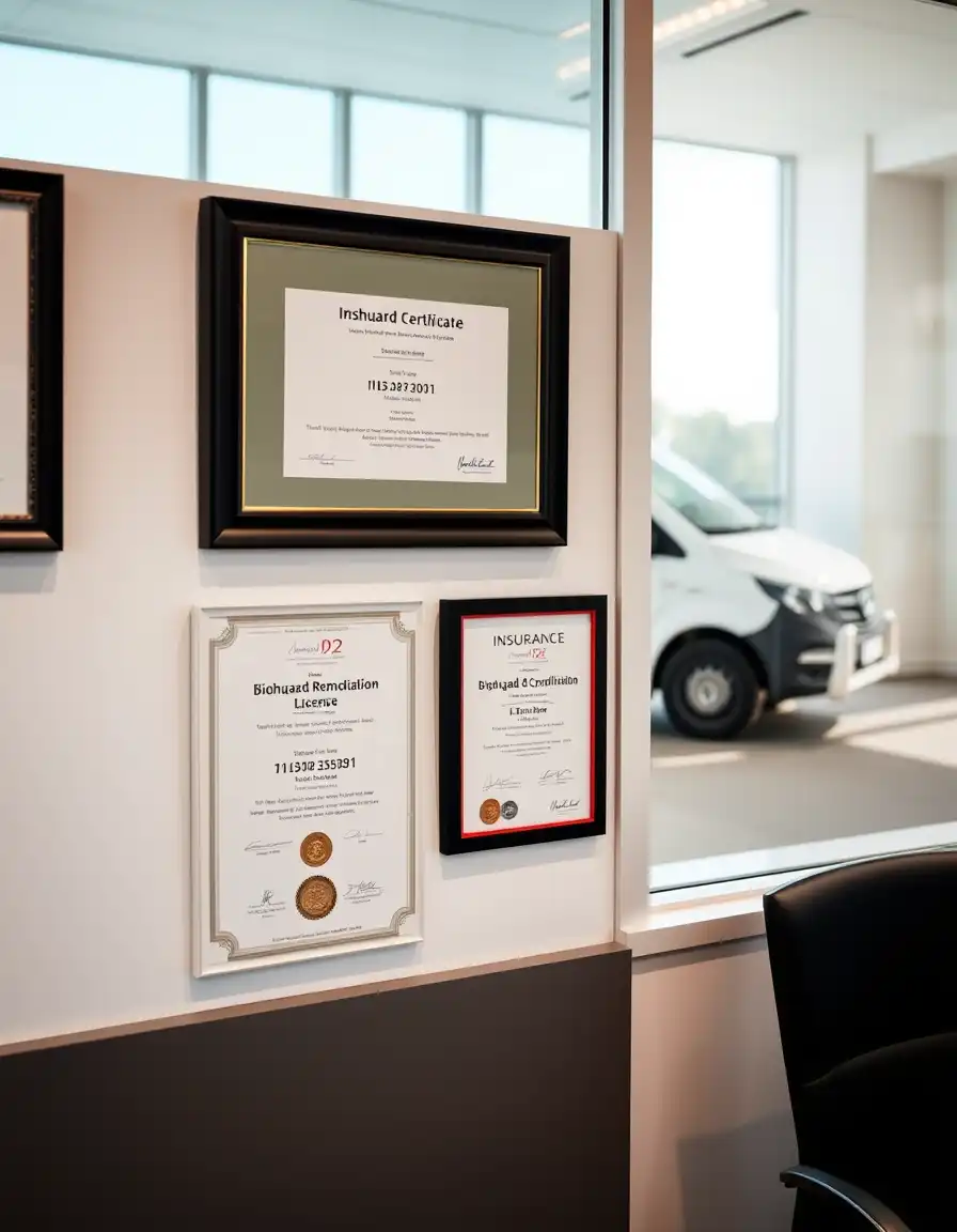Certified body fluids cleaning company displaying biohazard remediation licenses, insurance certificates, and discreet unmarked service vehicle