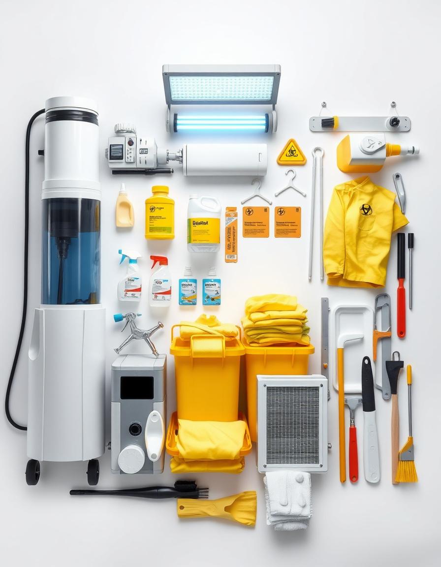 Professional biohazard remediation equipment including industrial fogger, UV sterilization lamp, disinfectants, and protective gear used by body fluids cleaning company