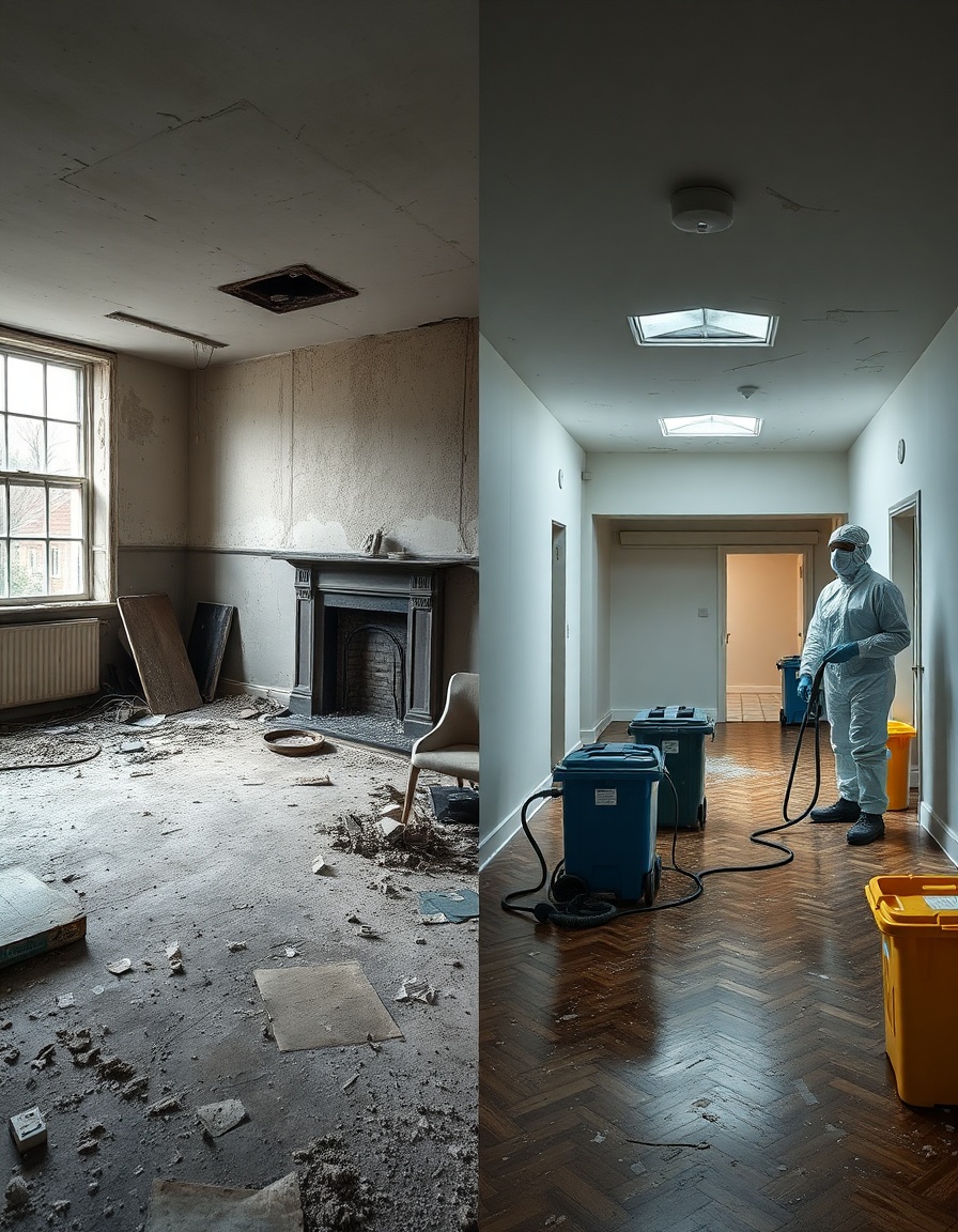 void Before and after bio cleaning transformation showing neglected vacant property restored to clean habitable condition by professional team