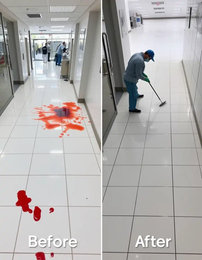 Без названия (2) (1) Before and after bio cleaning comparison showing blood contamination cleanup on white tile floor in London commercial space transformed to pristine sanitized surface