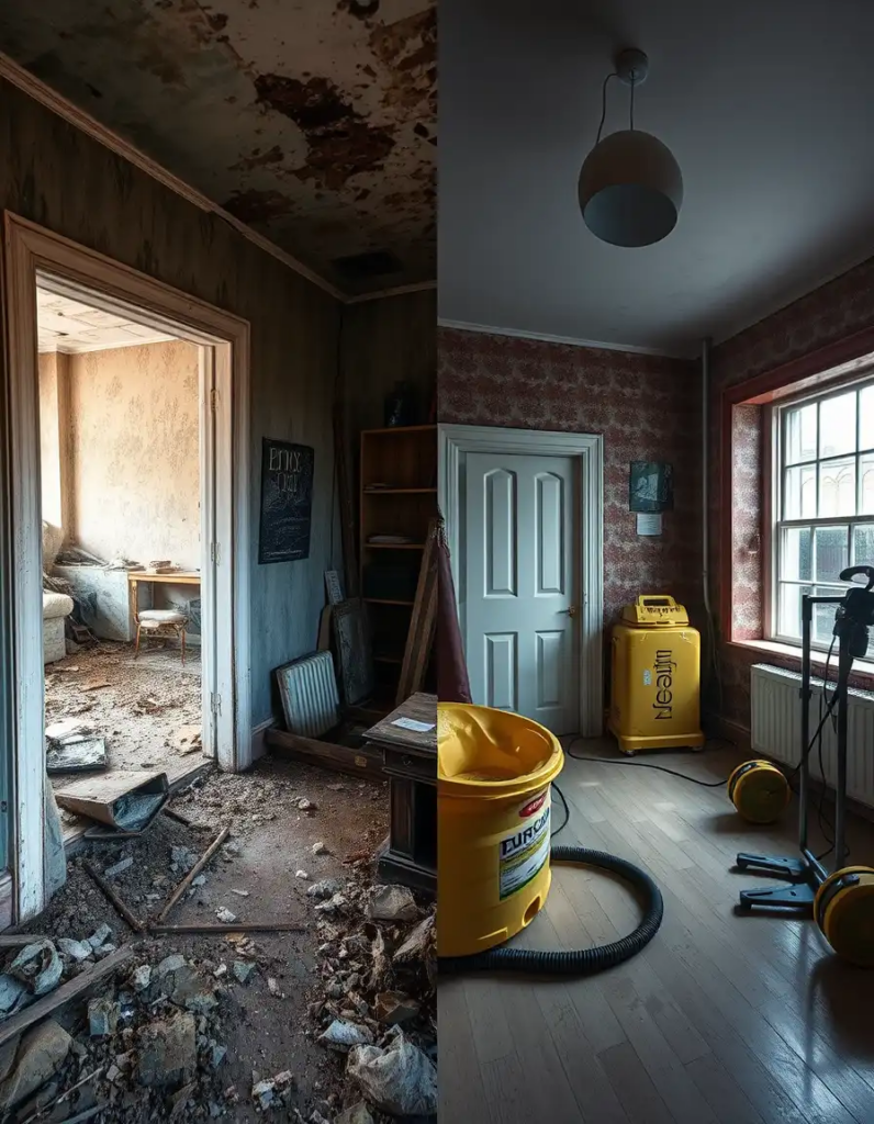 Без названия (3) Bio cleaning before after split-screen showing neglected hoarding property in London transformed from contaminated abandoned space to clean habitable condition