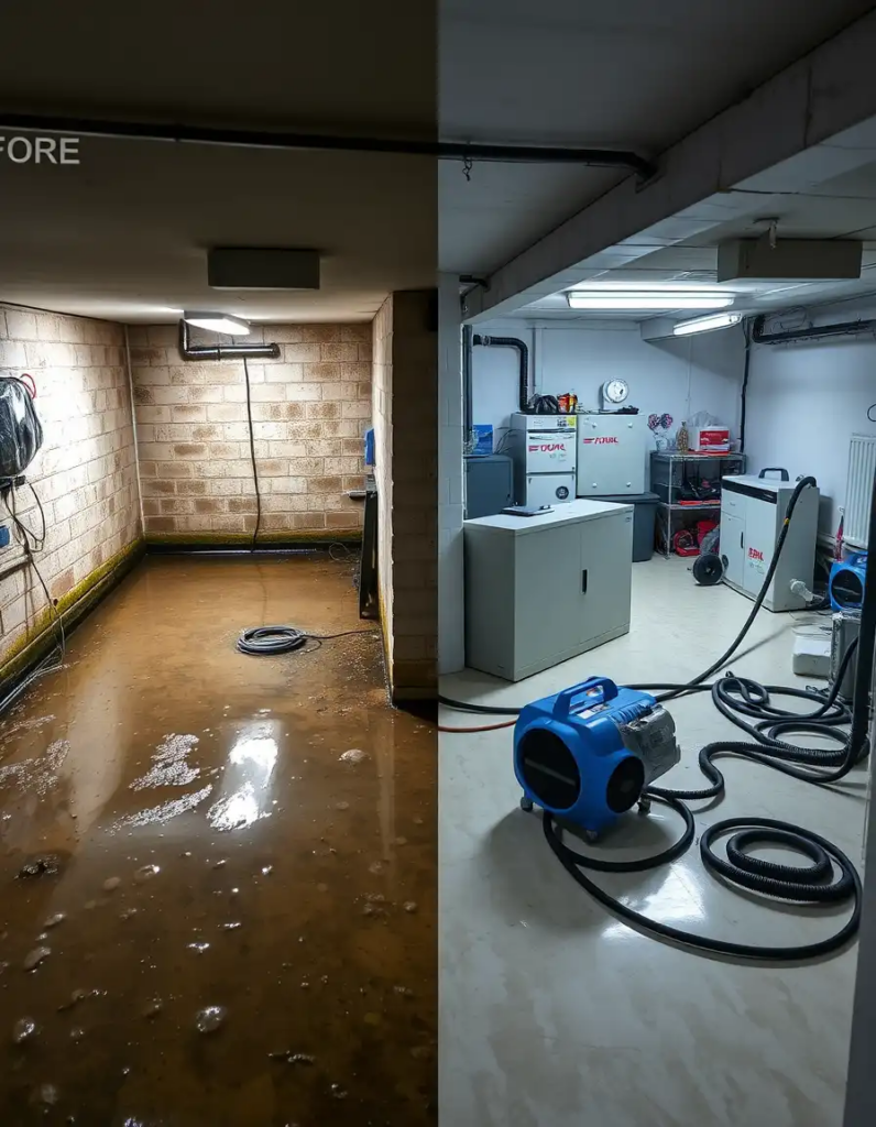 Без названия (4) Dramatic before after transformation of London basement sewage flood showing contaminated water completely dried and decontaminated by professional bio cleaning team