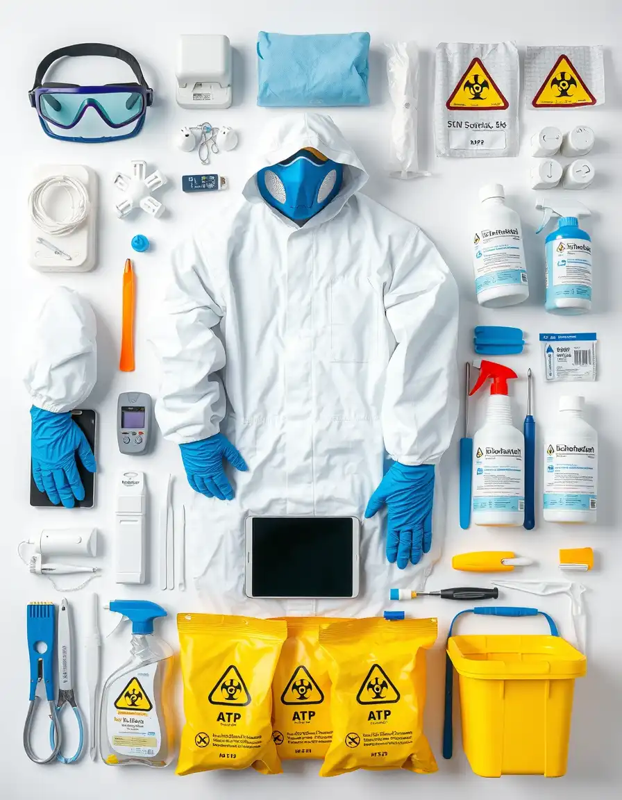 Без названия (5) Complete bio cleaning equipment kit flat-lay showing PPE suit, respirator, disinfectants, ATP testing device and professional tools for London biohazard cleanup