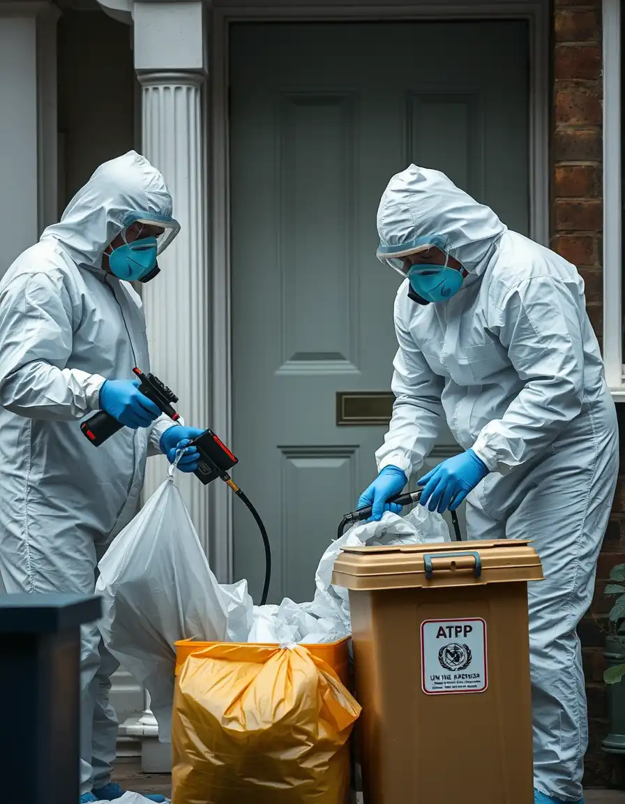Без названия (6) Compassionate trauma cleaning team in full PPE discreetly working at crime scene with sealed biohazard containers in London property